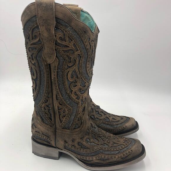 Corral Inlay Flower Embroidery Studded Leather Square Toe Western Boots Size 7 - Picture 12 of 14